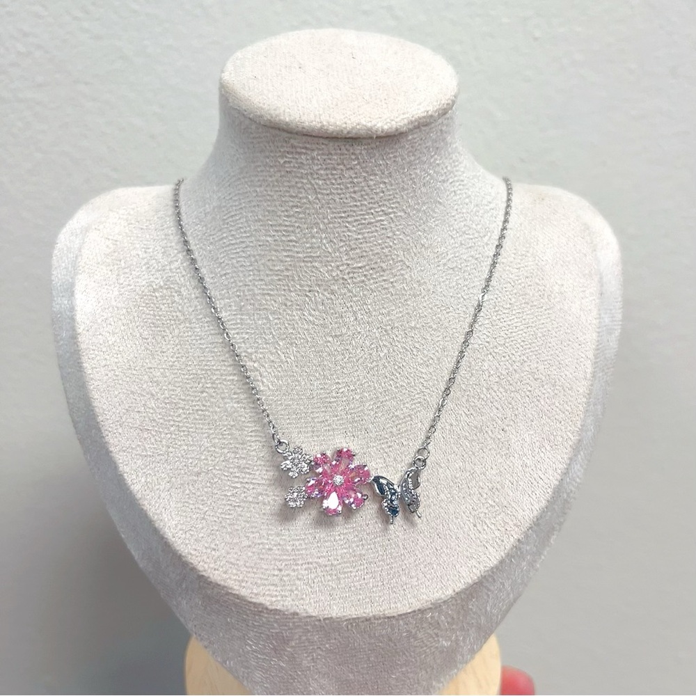 Sakura pink floral stainless steels necklace
